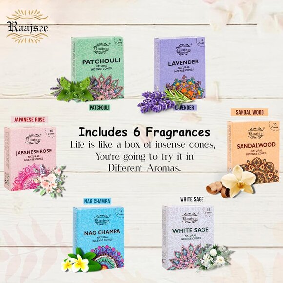 Natural Incense Cones,6 Pack Mixed Scents Gift Pack 15 pc Each 90 Total, Insense - Picture 8 of 9